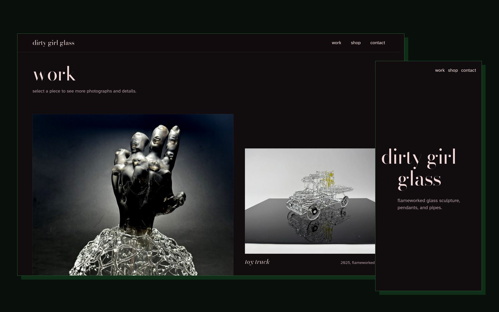 Screenshots of dirtygirlglass.com on a computer and a phone: a staggered gallery of glass sculpture on a near-black page, and the words dirty girl glass in a large pale pink serif.